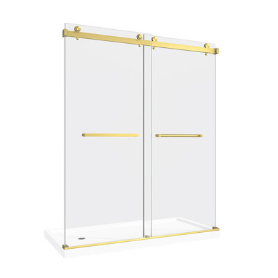 61 po x 66 po x H 78 po, porte de douche coulissante à double contournement coulissante en or brossé, facile à installer, verre trempé 1/4 po (6 mm) avec film antidéflagrant Nano