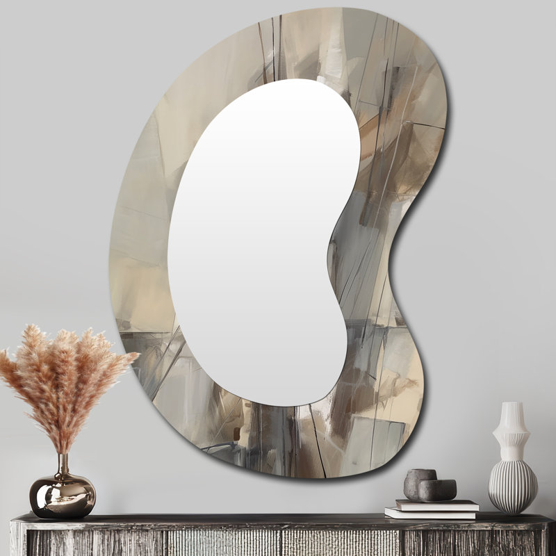 Fozie Abstract Design Shapes I - miroir asymétrique à collages abstraits, miroir mural décoratif de forme irrégulière beige