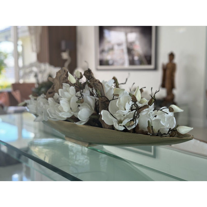 Driftwood and Denver Boat Magnolia Centerpiece, 8" H x 40" W x 5" D, Gold