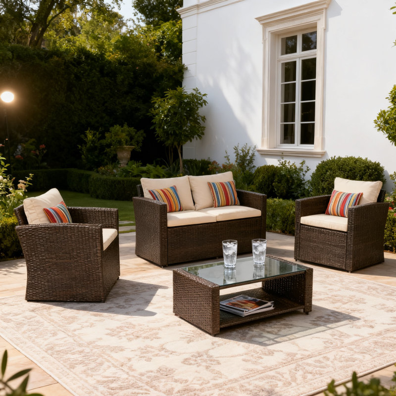 Lilyan 4 Piece Outdoor Rattan Sofa Seating Group with Cushions, Dark Brown/Beige
