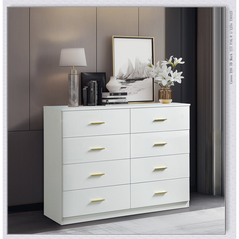 Commode blanche moderne à 8 tiroirs pour la chambre à coucher - Vaste rangement, robuste et sécuritaire, poignées dorées élégantes