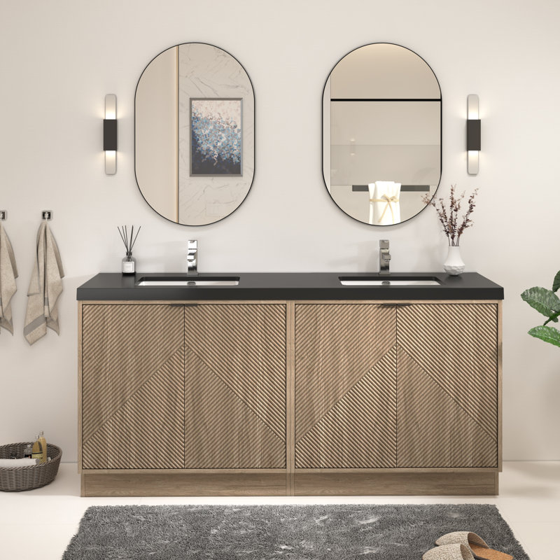 Ensemble de meuble-lavabo autoportant 70,8 po Monterey + double lavabo en acrylique noir renforcé, Marron clair