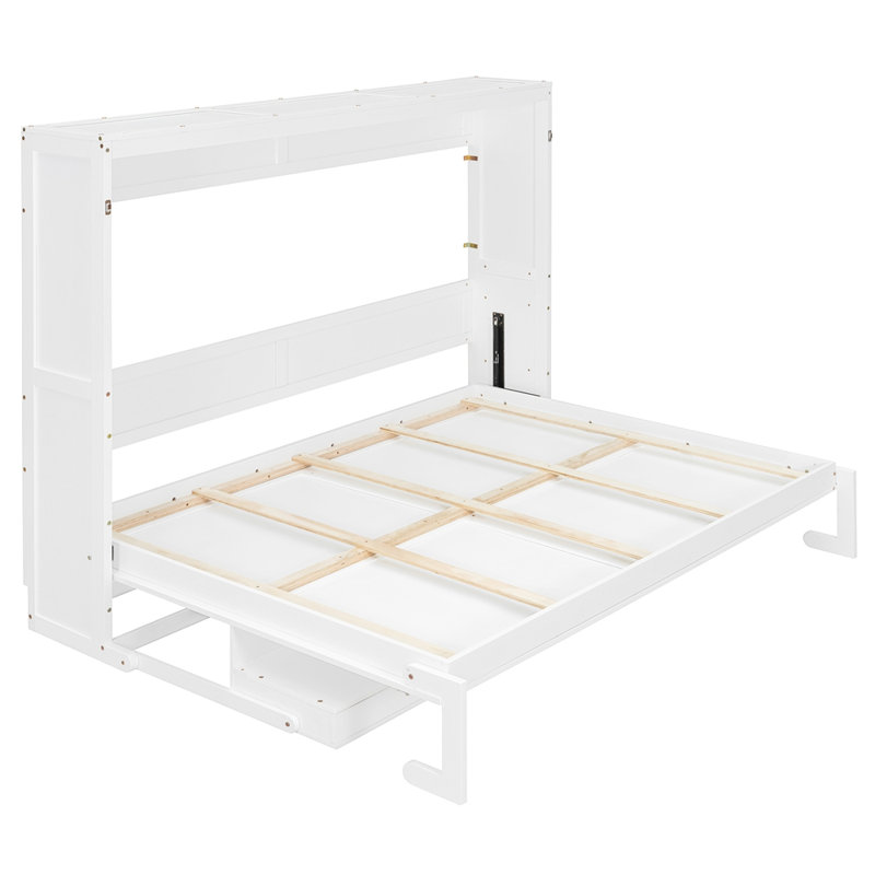Grand lit escamotable mural avec armoire-lit pliable avec rangement et bureau et 2 tiroirs latéraux, White