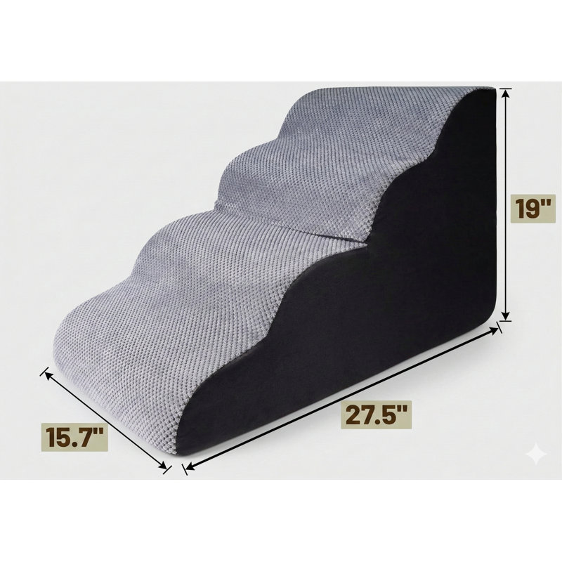 Curved Four-Step High-Density Foam Pet Stairs for Small Dogs, 19 Inches High for Bed Access, Features Non-Slip Base and Removable Washable Cover