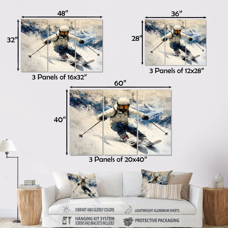 «White Ski Big Air Accents With Blue», ensemble de reproductions d'art mural, Métal métal, H 28 po x l 36 po x P 1 po