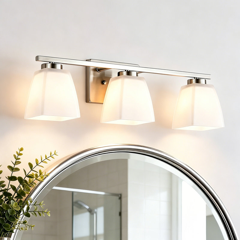 22 In. 3-light Modern Vanity Light With Square Etched White Glass Shades, Nickel