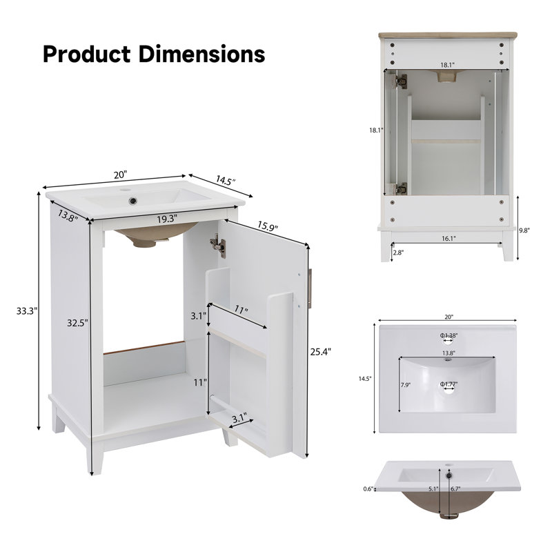 20" Freestanding Single Bathroom Vanity with Ceramic Top, White