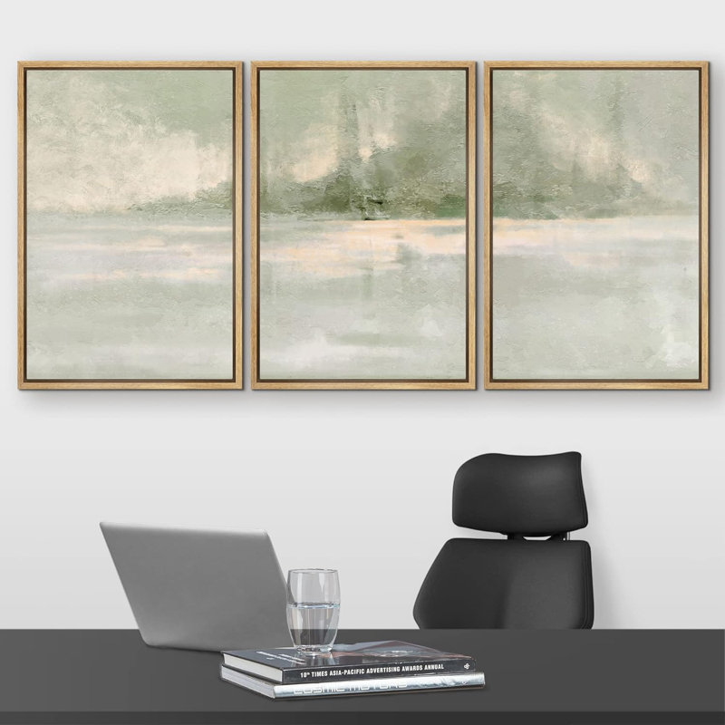 Minimaliste vert pastel grunge paysage formes abstraites moderne Art Decor Chic, H 24 po x l 48 po, Cadre flottant noir
