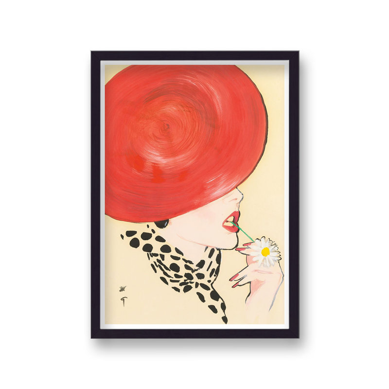 Lady In Red Hat Flower In Mouth Vintage Print by Rene Gruau - Single Picture Frame Print