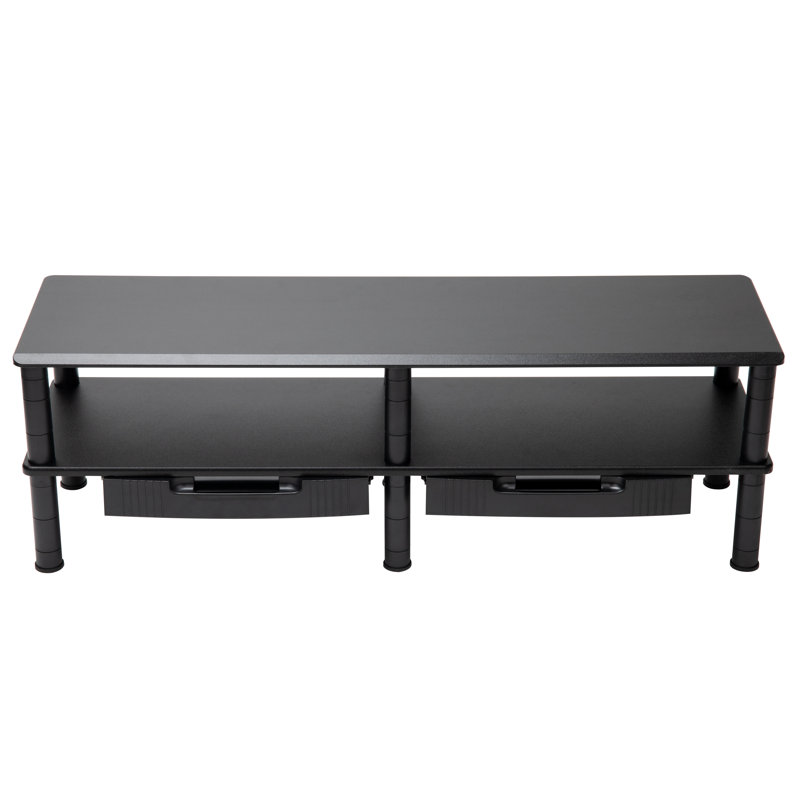 Black Dual Monitor Stand with Storage Shelves and Drawers