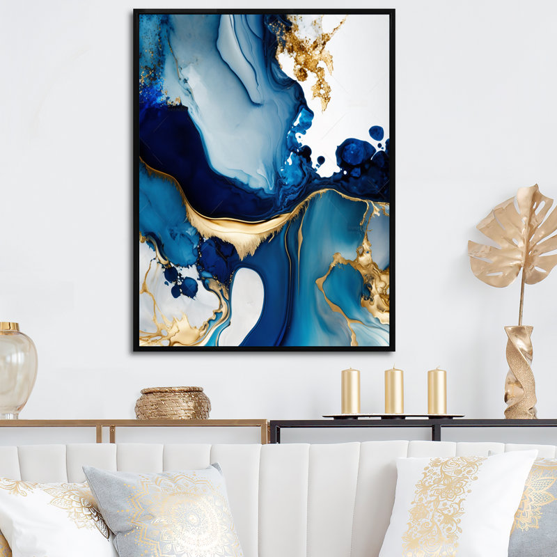 Géode abstraite marbre bleu I - impressions sur toile de marbre abstrait, H 32 po x l 24 po, Toile avec cadre flottant, Noir