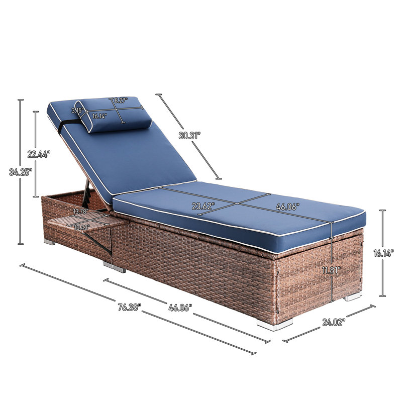Outdoor Wicker Chaise Lounge Set Patio Reclining Chaise With Side Table And Cushions, Navy