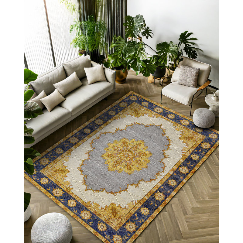 Girvin Yellow Oriental Machine Printed Cotton Polyester Area Rug, Round 3'4"