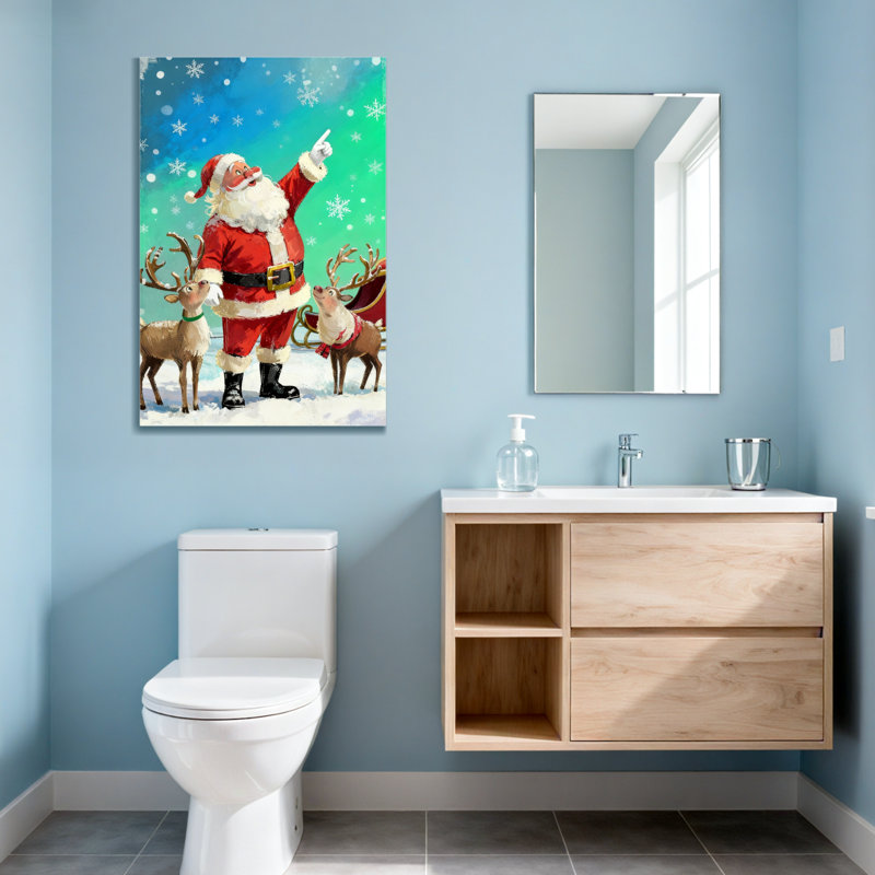 Père Noël avec des rennes dans une scène enneigée, H 48 po x l 32 po