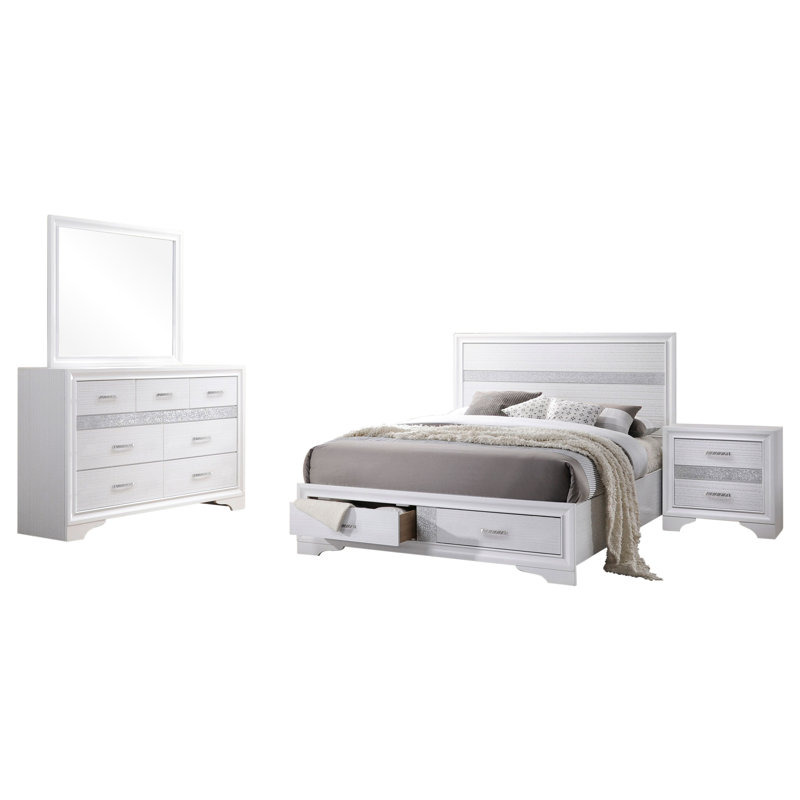 Très grand lit 4 chambres avec finition en bois blanc, style glamour et sophistiqué, système de lattes de rangement pour lit, poignées en cristal de la commode
