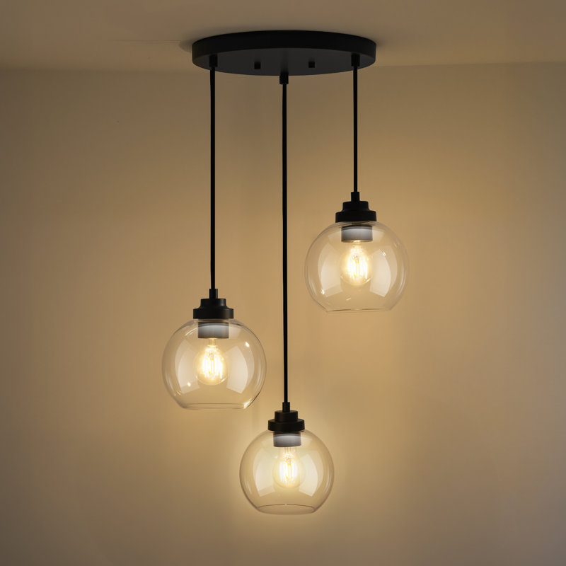 3-light Cluster Pendant Light With Globe Glass Shade, Black