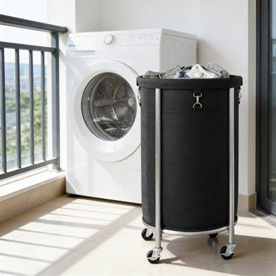 Laundry Cart, Wheeled Laundry Basket, 110 Liter Rolling Laundry Basket, Circular Laundry Cart, Steel Frame Structure, With Detachable Bag, 4 Casters And 2 Brakes, Suitable For Hotels, Homes, Wardrobes, Dormitories, Etc