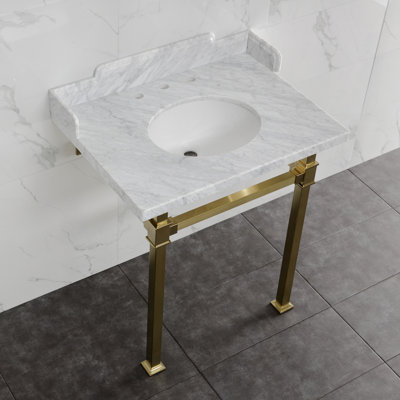 Kingston Brass Viceroy 30-Inch Carrara Marble Console Sink with Stainless Steel Legs (8-Inch, 3-Hole)