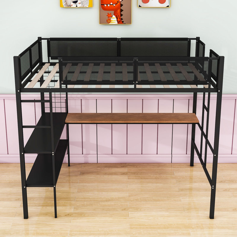 Lit mezzanine double en métal avec tablettes, bureau intégré et échelles