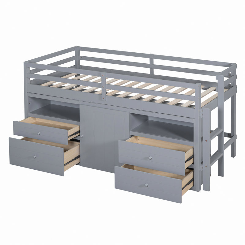 Lit mezzanine avec tablettes et 4 tiroirs, Gris