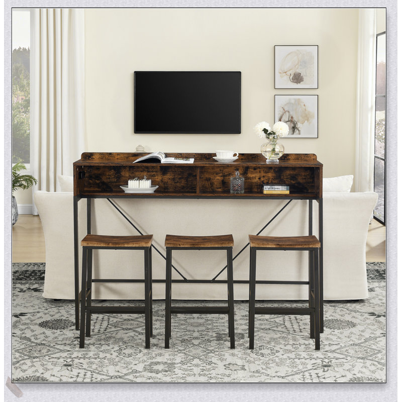 59 Inch Farmhouse Bar Table with Power Socket, LED Light, and 3 Saddle Stools for Versatile Living Spaces
