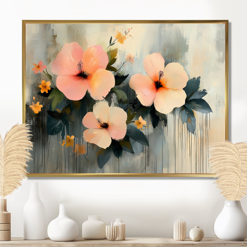 Irmuun Minimalisme Hibiscus Spring Symphony - Hibiscus Wall Art Decor, H 16 po x l 32 po, Impression encadrée flottante, Doré