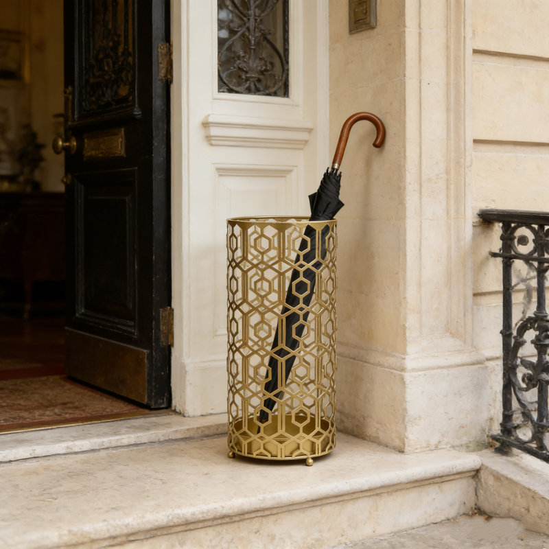 Porte-parapluies en métal avec ramasse-gouttes, Doré