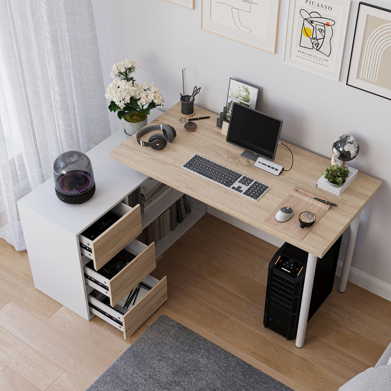 Shalonda L-shaped Home Office Computer Desk, Walnut/White