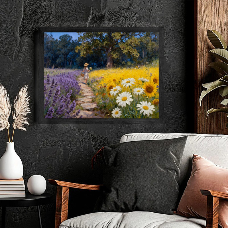 Art encadré noir avec chemin floral, impression de campagne impressionniste vibrante, H 17 po x l 25 po