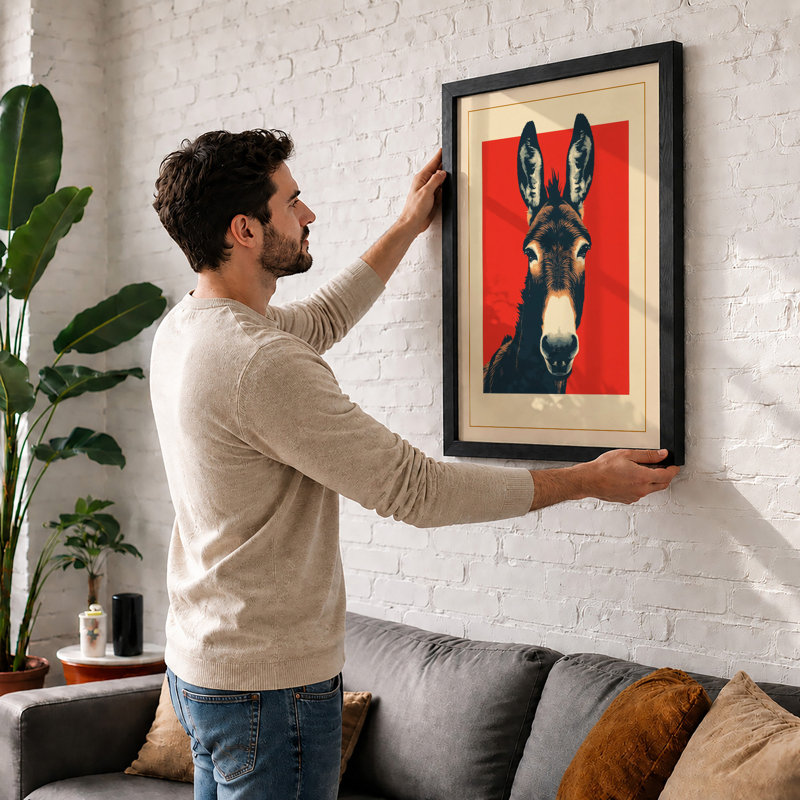 Frontal Donkey Portrait Graphic Art - Framed Print, A2 - 59.4 x 42.0 cm, Walnut