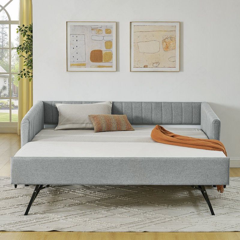 Comfortable Upholstered Twin Size Daybed With Trundle, Ideal For Relaxation And Extra Sleeping Space, Featuring Linen Fabric And Vertical Stripes