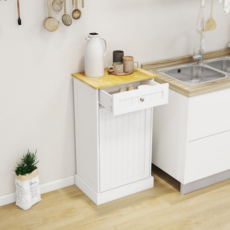 White Wooden 10 Gallon Pull-Out Trash Cabinet with Drawer
