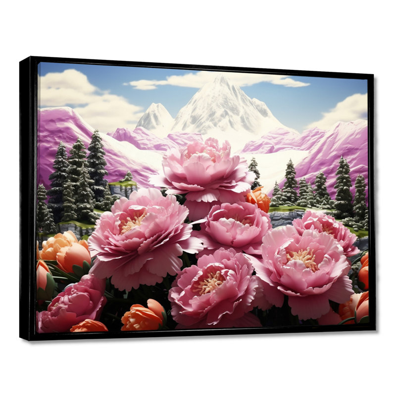 Anémones roses, montagnes roses - Art mural floral, H 24 po x l 32 po x P 1 po, Toile avec cadre flottant noir