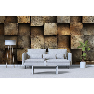 Papier peint bloc de pierre 3D - Murale cubes rustiques - Papier peint texturé ton de terre - Décoration murale à motif géométrique