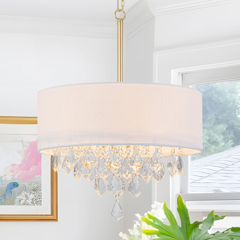 5 - Light Dimmable Fabric Drum Chandelier With Crystal Accent, Gold