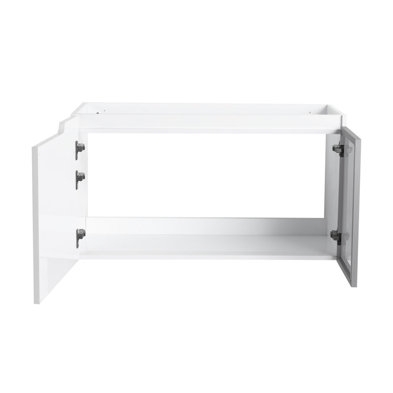 Meuble-lavabo mural 36 po, 2 portes à fermeture douce, meuble-lavabo blanc brillant et 1/2 porte en verre gris
