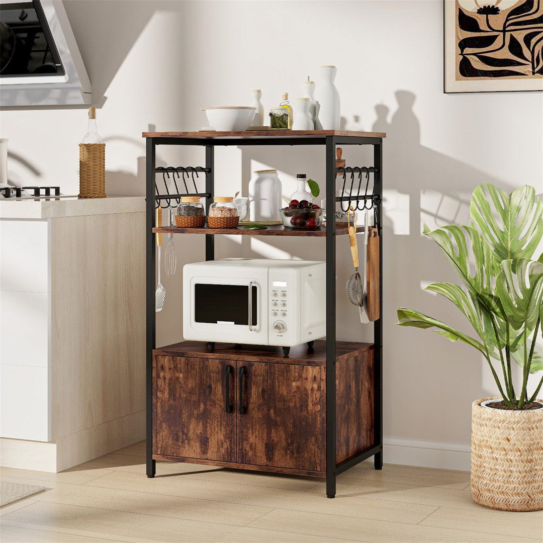 Kitchen Baker's Rack, 3-Tier Microwave Oven Stand With Cabinet & S-Hooks, Metal Frame Freestanding Utility Storage Shelves Unit For Dining Living Room