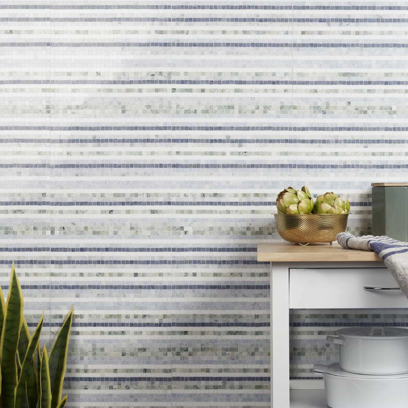 Microsaic Lines Storm Polished Marble Mosaic Tile, Blue