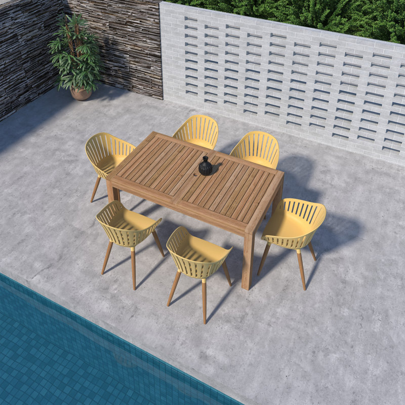 Ensemble repas d'extérieur en teck Dugas 7 pièces FSC, H 30 po x L 63 po x P 35 po, Jaune, 6