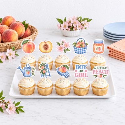 «Little Peach genre Reveal Cupcake Toppers», choix de papier pour garçon ou fille, abricot, bleu, ensemble de 10