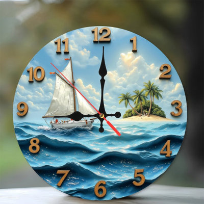 Horloge murale océan voilier île tropicale