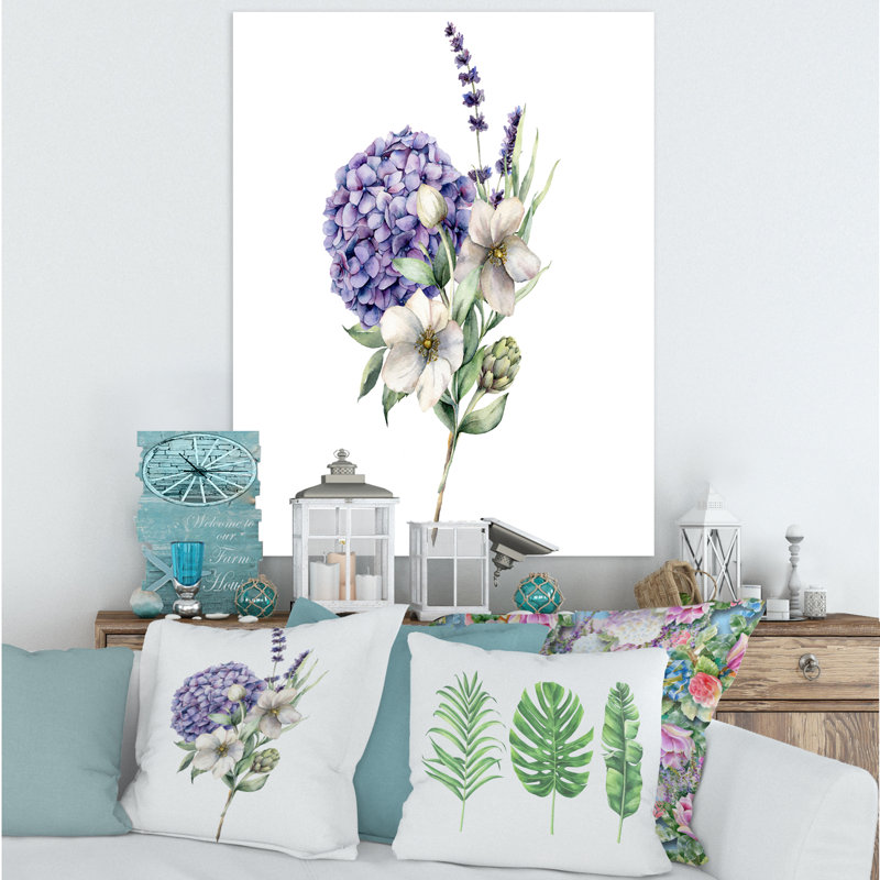 Bouquet d'hortensias, anémone, artichaut et lavande - peinture sur toile, H 32 po x l 24 po x P 1 po, Toile tendue