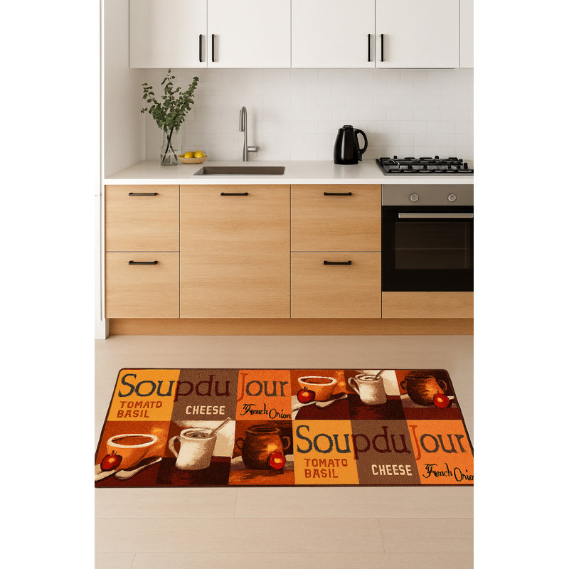 Tapis de couloir de cuisine brun et orange lavable avec envers antidérapant - 20 po x 55 po