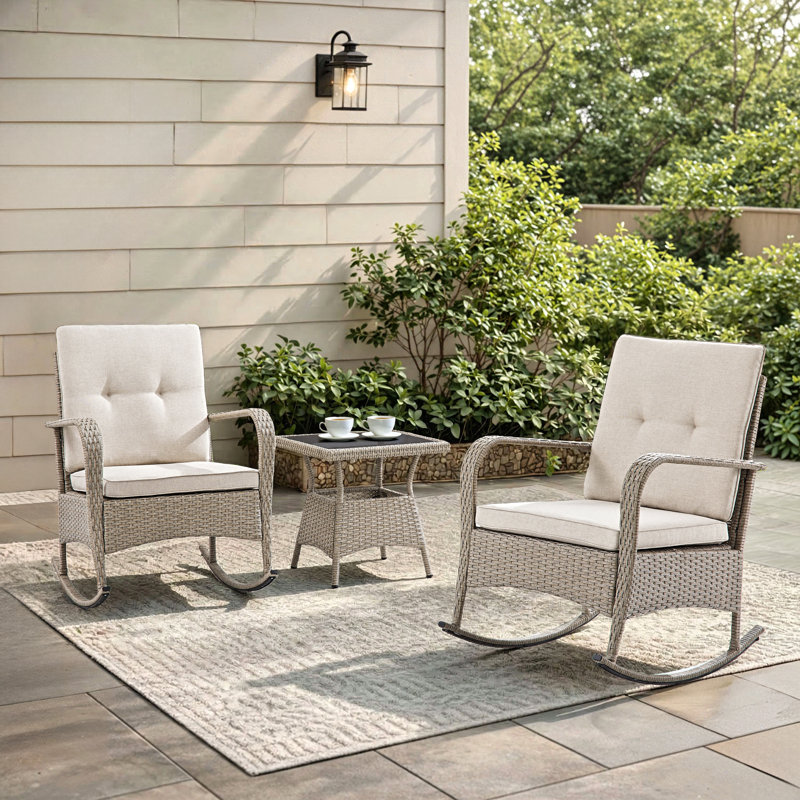 Baecher 2-Person Wicker Rocking Outdoor Seating Group with Glass-Top Side Table, Beige