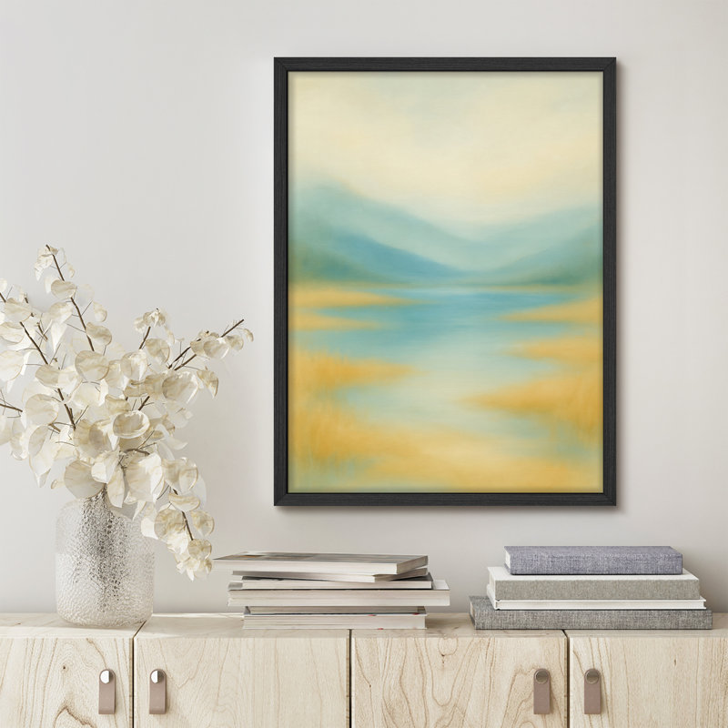 «Tranquil River Landscape», reproduction d'art encadrée, douce montagne et scène d'eau pour un décor de chambre à coucher calme