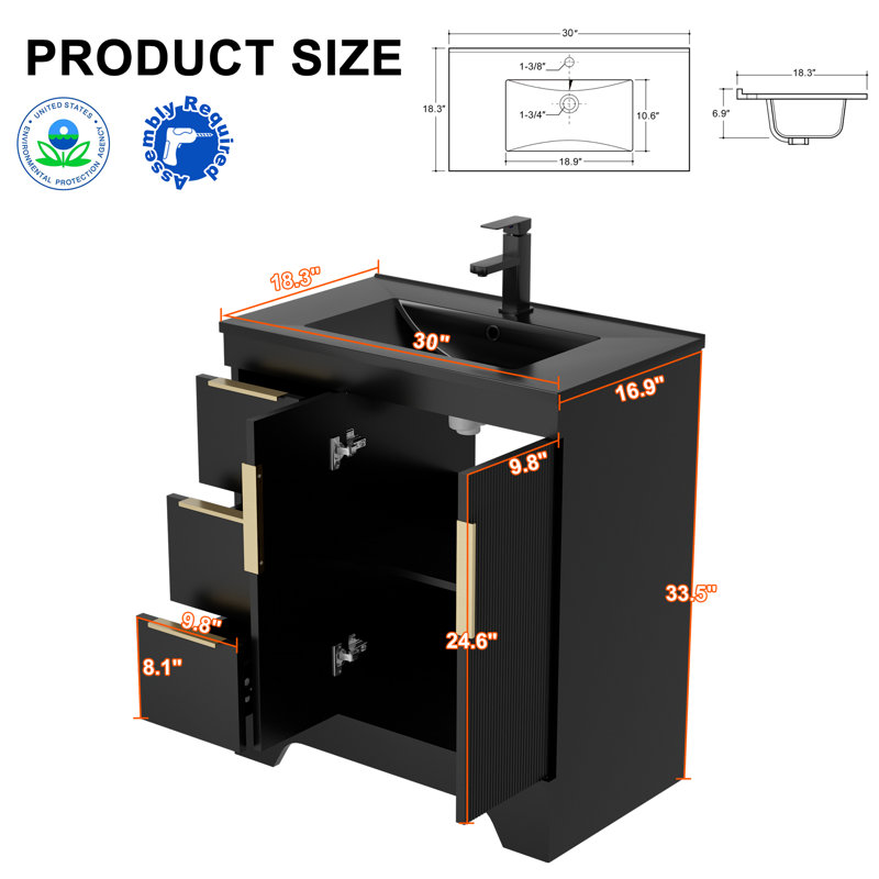 Meuble-lavabo simple autoportant de 30 po avec comptoir d'évier, robinet et drain, peint, portes à fermeture en douceur, assemblage requis