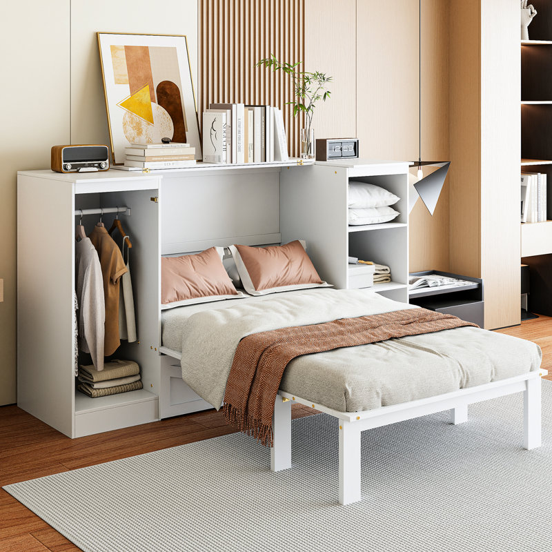 Lit simple en blanc avec tablettes et garde-robe - stable et fonctionnel