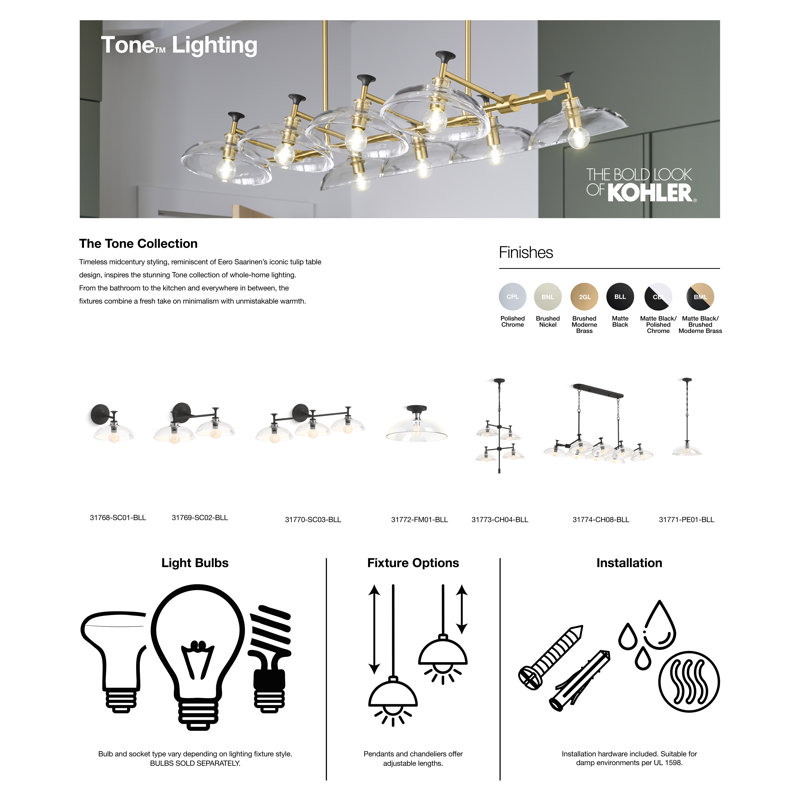 Tone 1 Light Pendant Lighting Fixture for Kitchen Island, 6' Adjustable Cord Length, Matte Black