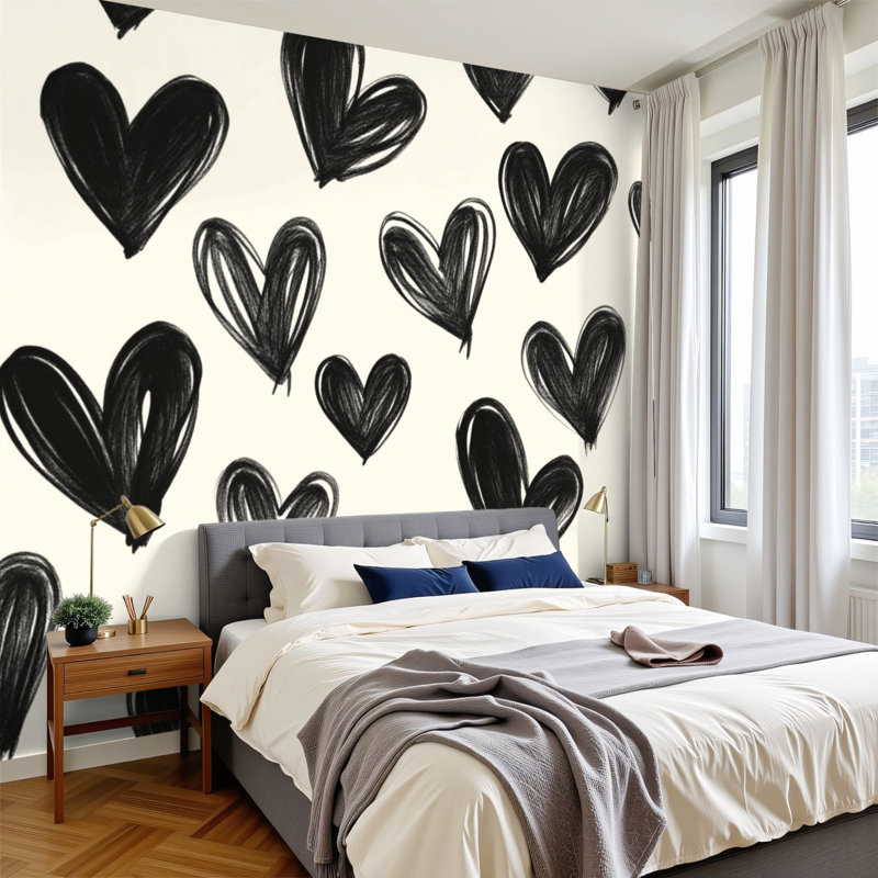 Papier peint auto-adhésif à motif de cœurs noirs griffonnés, l 144 po x H 100 po Peel and Stick, L 144 po x l 100 po