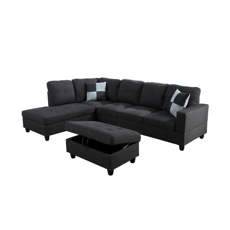 Plageman Upholstered Sectional Left Hand Facing, Black Gray Linen Blend